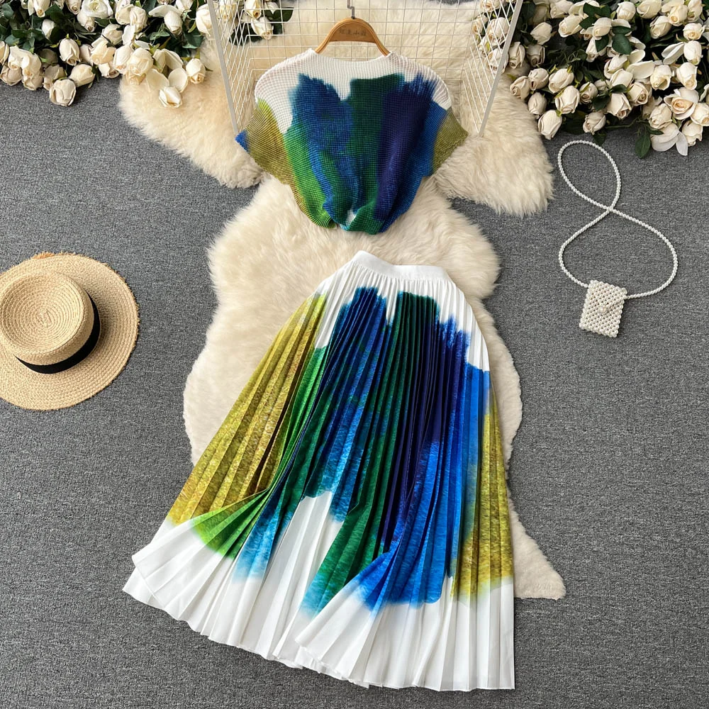 Women Vintage Two Pieces Sets Print Casual Tees Crop Top with Elegant Pleated Full Skirt  Korean Fashion T Shirt  Summer Sets