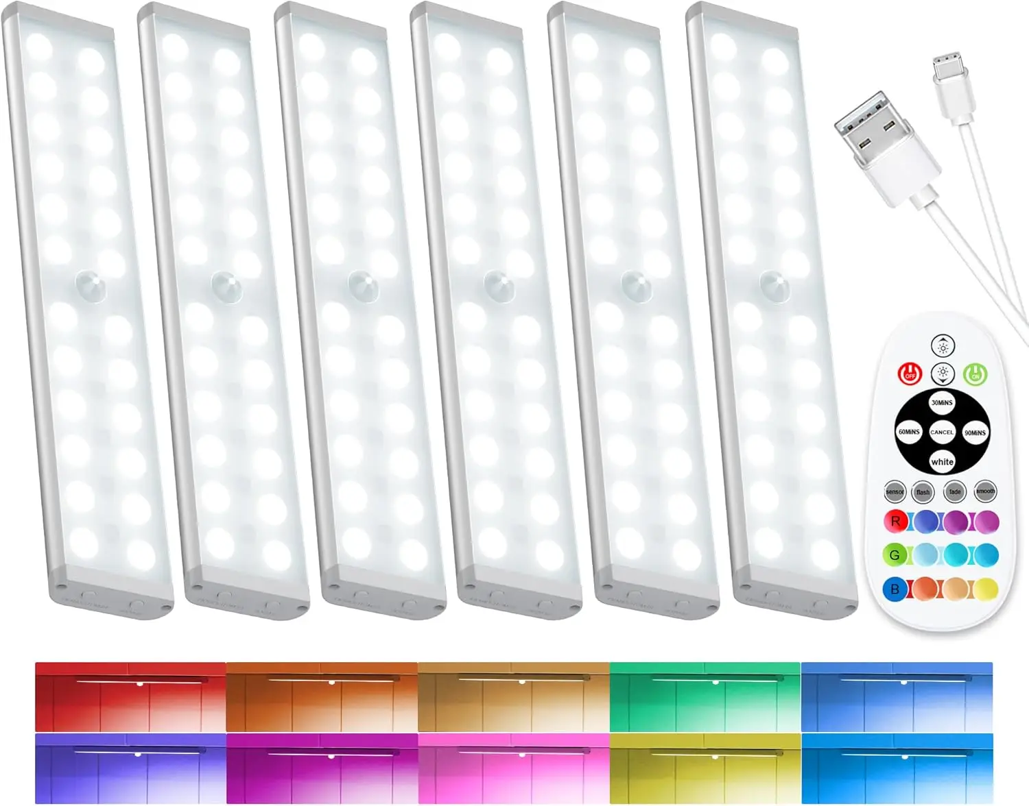 

Беспроводные светодиодные светильники с датчиком движения (58 LED), RGB-подсветка для шкафов с пультом ДУ, перезаряжаемые, для кухни и лестниц (6 штук)