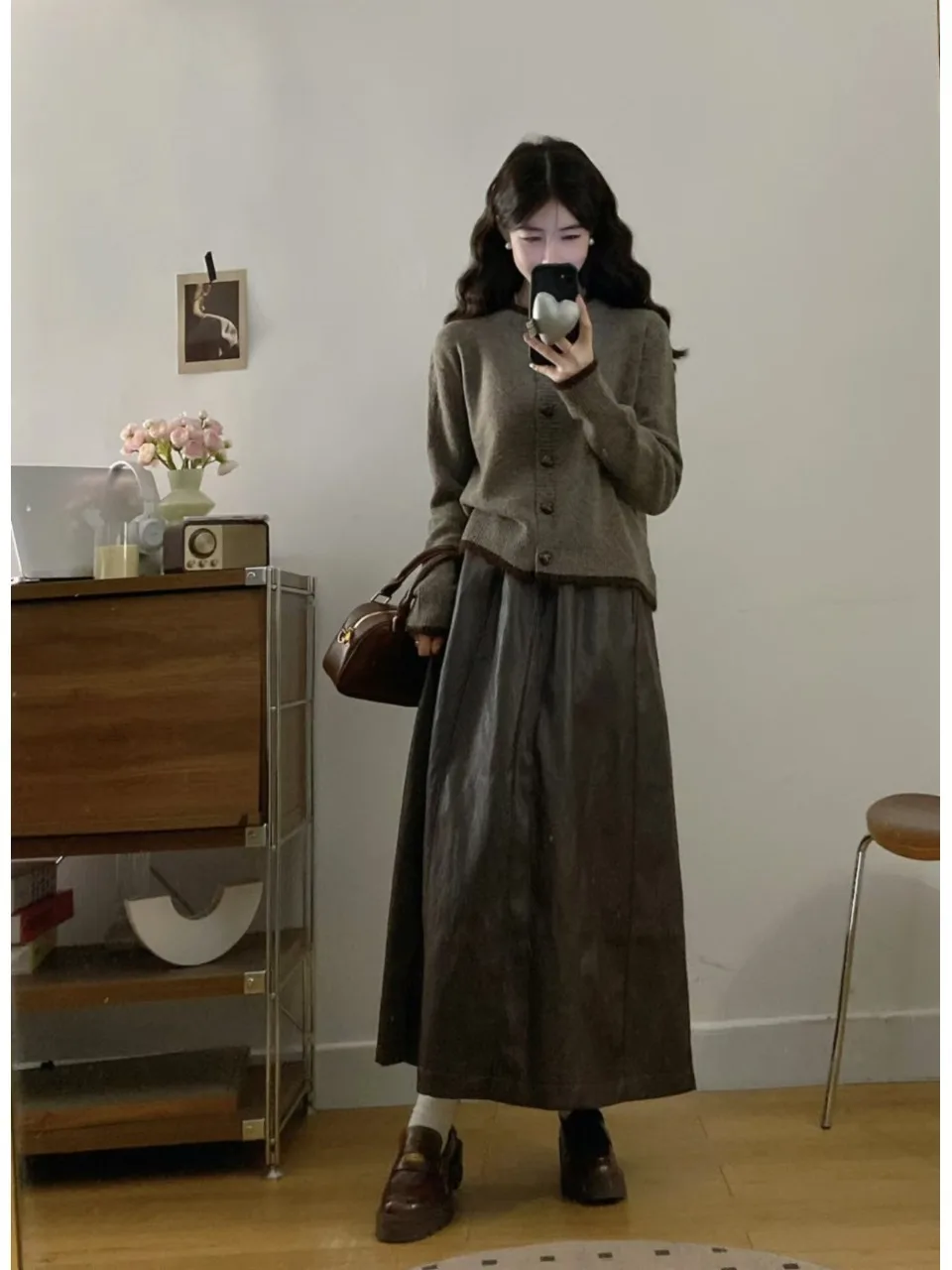 

plus Size Women's Lazy Sle Color Blo round Ne Sweater Coat High Waist PU Leather Skirt Two Piece Set Autumn Winter