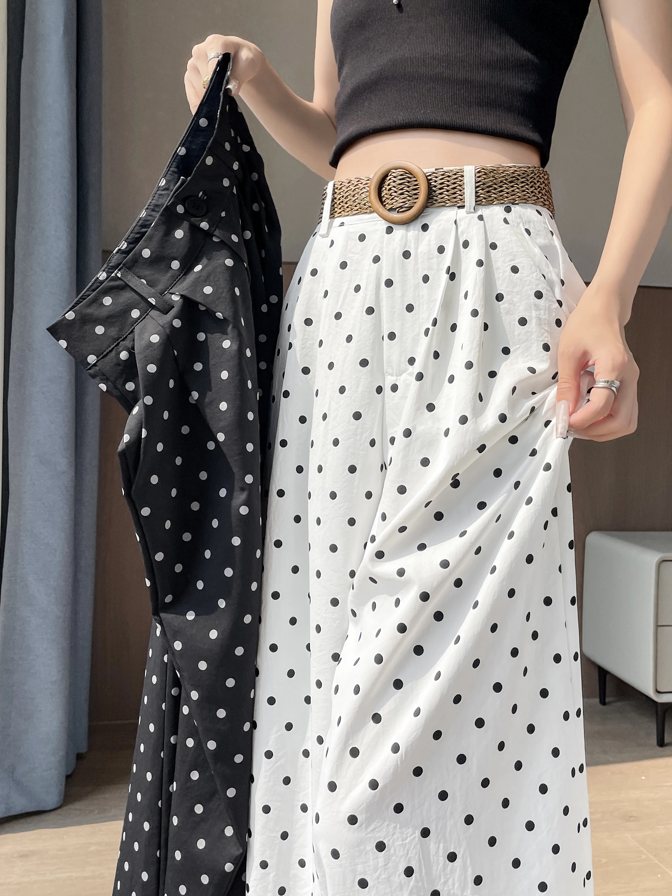 

Summer Thin Ice Silk Polka Dot Wide Leg Pants Women's Loose Casual Floor-Length Skirt High Waist Slimming Drapey Comfortable