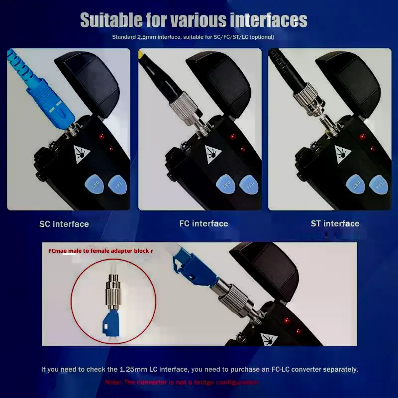 Mini lokalizator uszkodzeń światłowodowych 1/10/20/30/50mW, akumulatorowy tester kabli światłowodowych VFL, interfejs SC/FC/ST 2.5mm