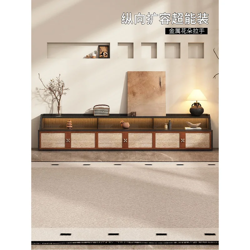 Travertine, medieval style, TV cabinet, solid wood, longitudinal expansion, integrated storage locker