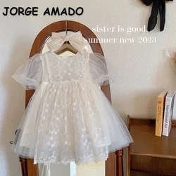 Korean Style New Summer Princess Dress Round Collar Short Sleeves Solid Color Dresses with Lace Children Clothing E23023