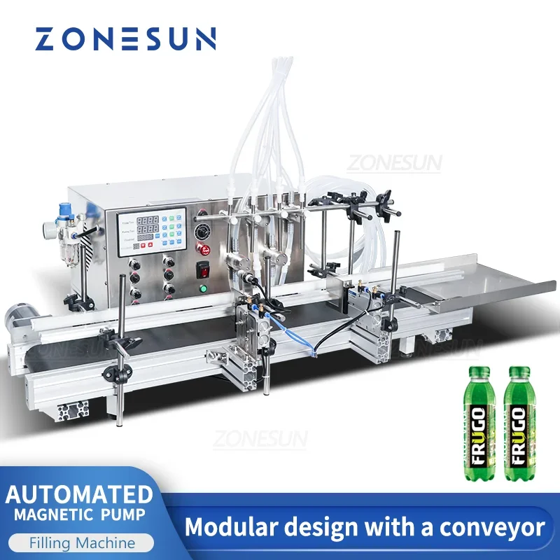 ZONESUN 4 Düse Tisch Automatische Magnetische Pumpe Linear Flüssige Füllung Maschine Parfüm Ätherisches Öl Quadrat Flasche Füllstoff