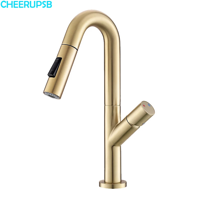 

Pull Down Faucet Bathroom Hot Cold Mixer Basin Sink Tap Household Brush Gold Copper Retractable Rotatable Wash Faucets Tap Crane