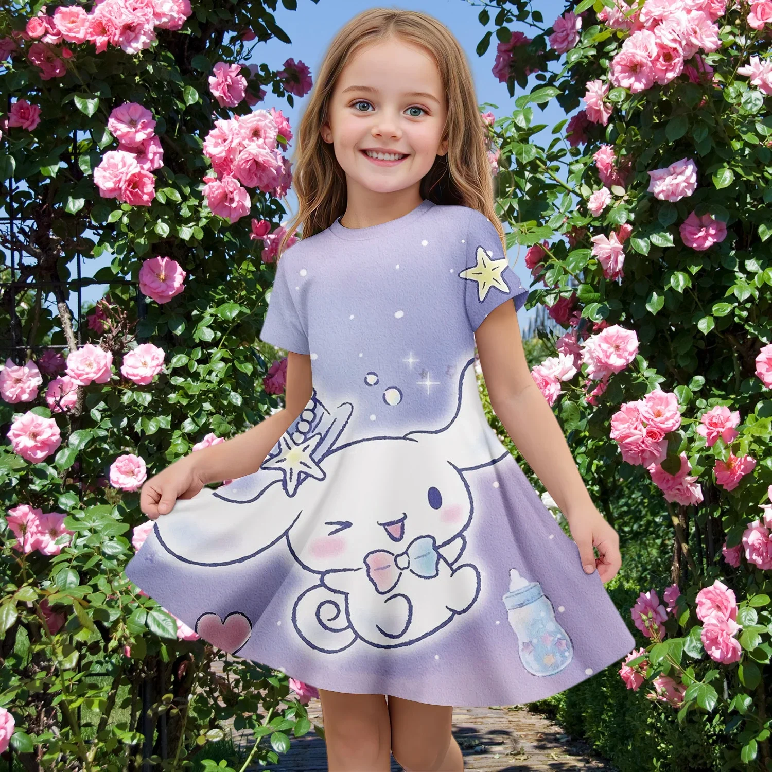 

MINISO New Summer Girls Dress Fashion Cartoon Cute Cinnamoroll Hello Kitty 3D Printing Dress Kid Short Sleeve Princess Clothing