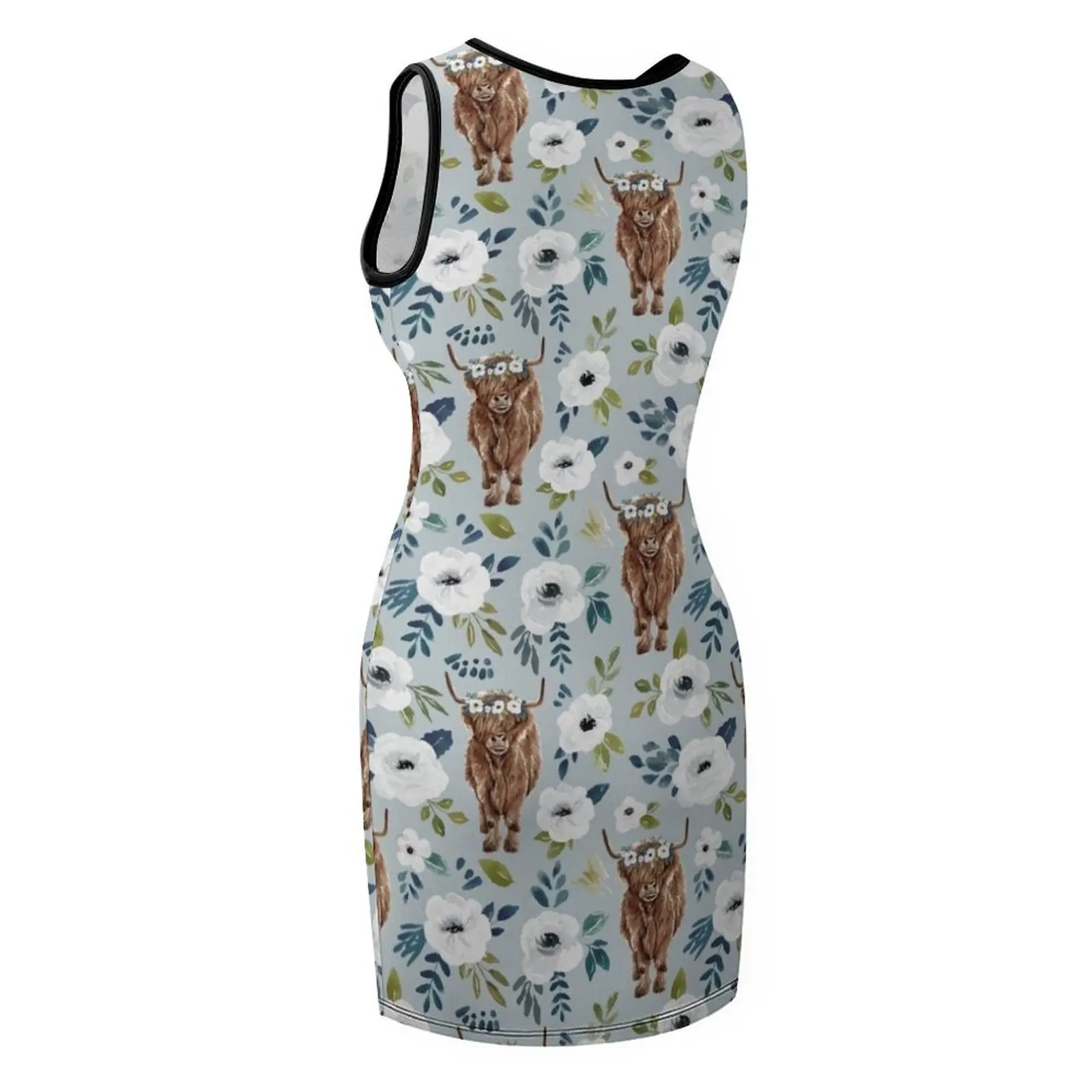 Mucca delle Highland con fiori, blu, corona floreale, pittura di mucca, arredamento per la fattoria, vestito estivo senza maniche, abito da sera chic ed elegante