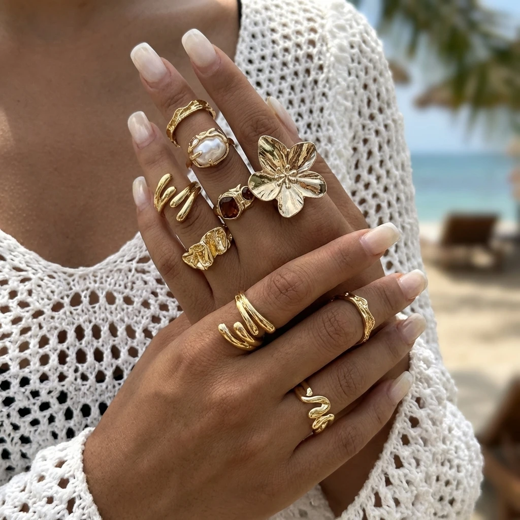 Chunky Gold Color Ring Set for Women Statement Faux Pearl Flower Melted Abstract Geometric Rings Maximalist Stacking Jewelry