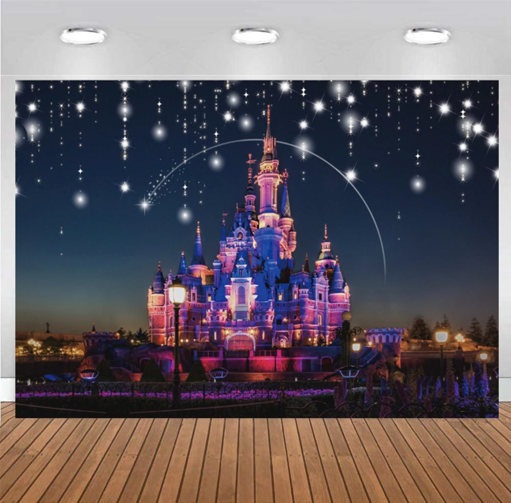 Disney Princess Castle Backdrop Kids Birthday Party Dreamy Glitters Night Scene Photo Background Cloth Decorations Banner Props