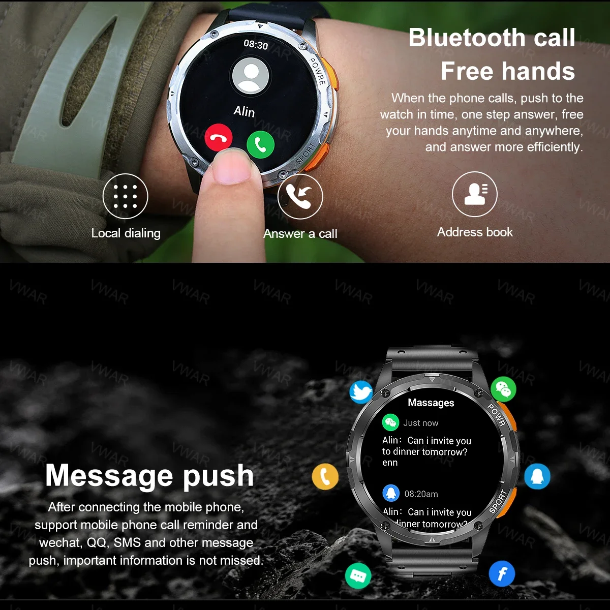 Tanque T2 Ultra AMOLED Smartwatch Militar para Homens e Mulheres, Bluetooth Call, IP68 Impermeável, Esportes Fitness Tracker Relógios