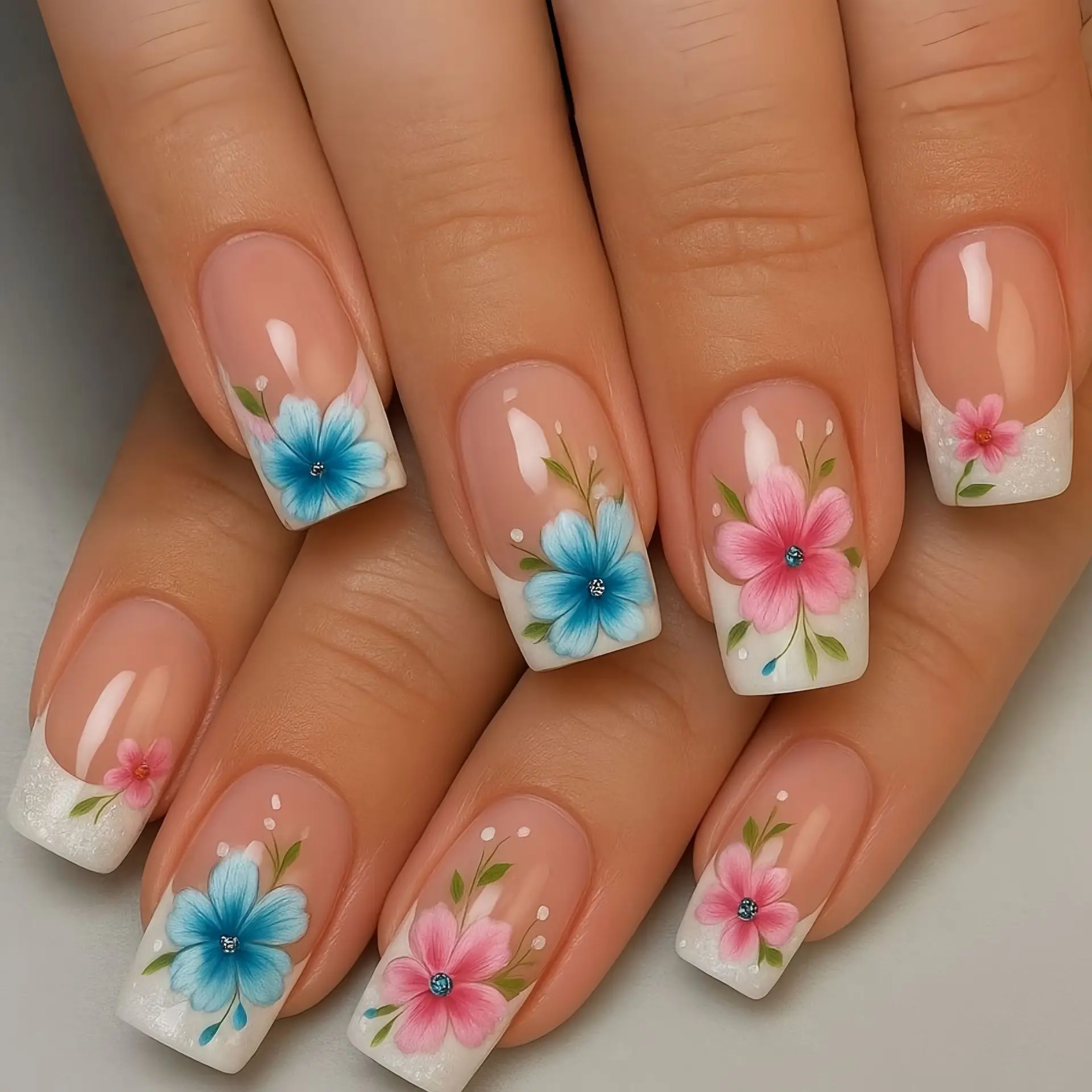 Medium Square fake nails for women girls Flowers butterfly flora design with white french edge tips press on false nail art set