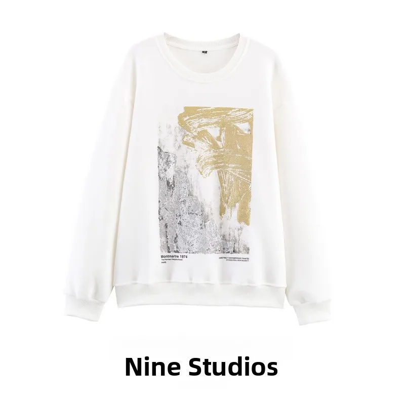 

Женская толстовка свободного кроя с металлическим принтом, длинными рукавами и круглым вырезом, удобная повседневная модель для города, модная, цельная.