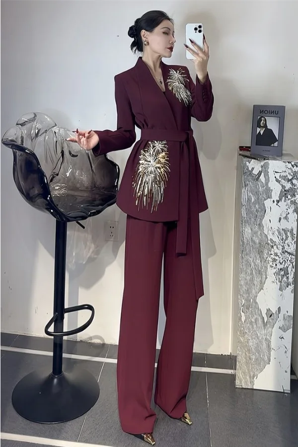 

​​Women's Premium Office Ready Wide Leg Pant Suit Set Craft Detail Blazer Pants Tailored Elegant New​​