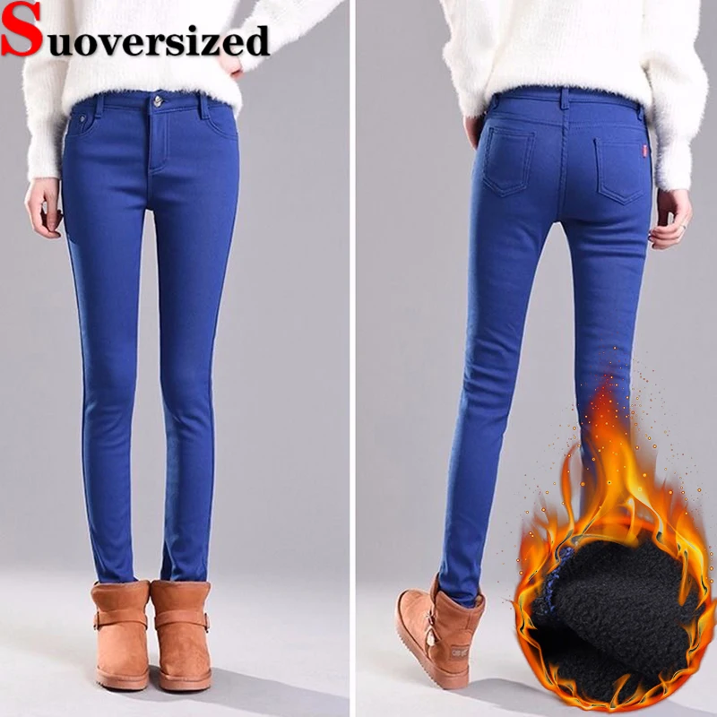 Winter Plush Lined Skinny Jeans Oversized 80kg Slim Pencil Pants Candy Colors Basic Denim Trousers Thicken Warm Stretch Vaqueros