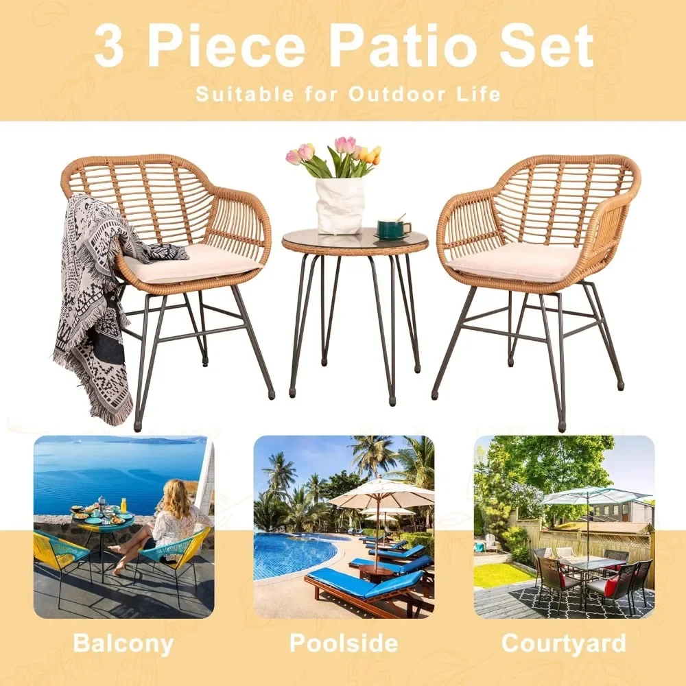 3 Piece Outdoor Wicker Furniture Patio Bistro Set, Balcony Furniture Rattan Conversation Sets with Cushions, Wicker Patio Chairs