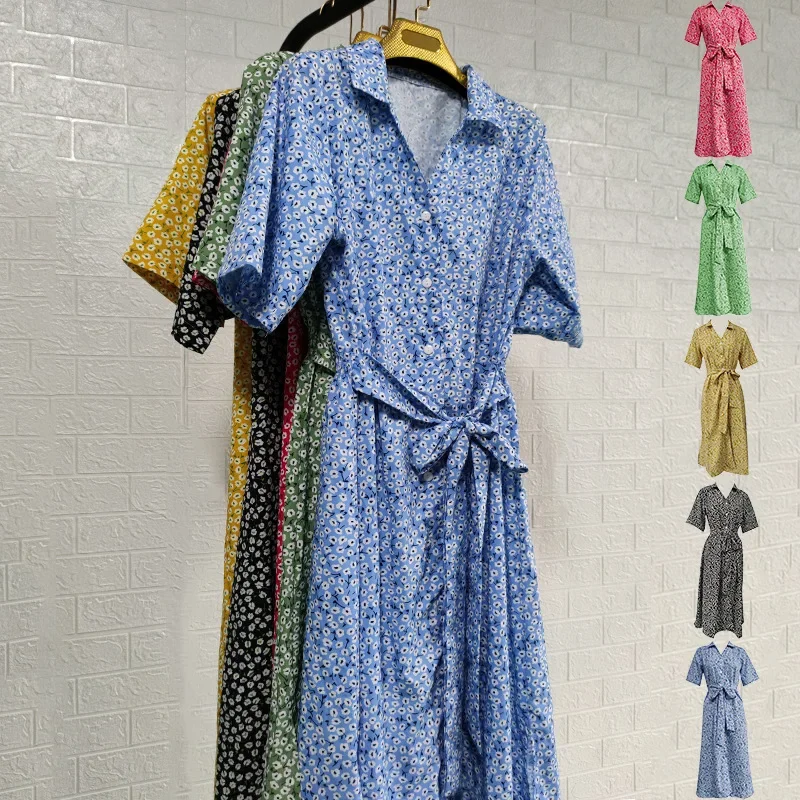 

Printed Dress 2023 Spring/Summer Fashion V-neck Short Sleeve Holiday Big Swing Dresses for Women