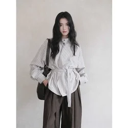 Deeptown Lace Up Striped Women Shirt Vintage Elegant Long Sleeve French Style Button Blouse Female Loose Office Lady Casual New