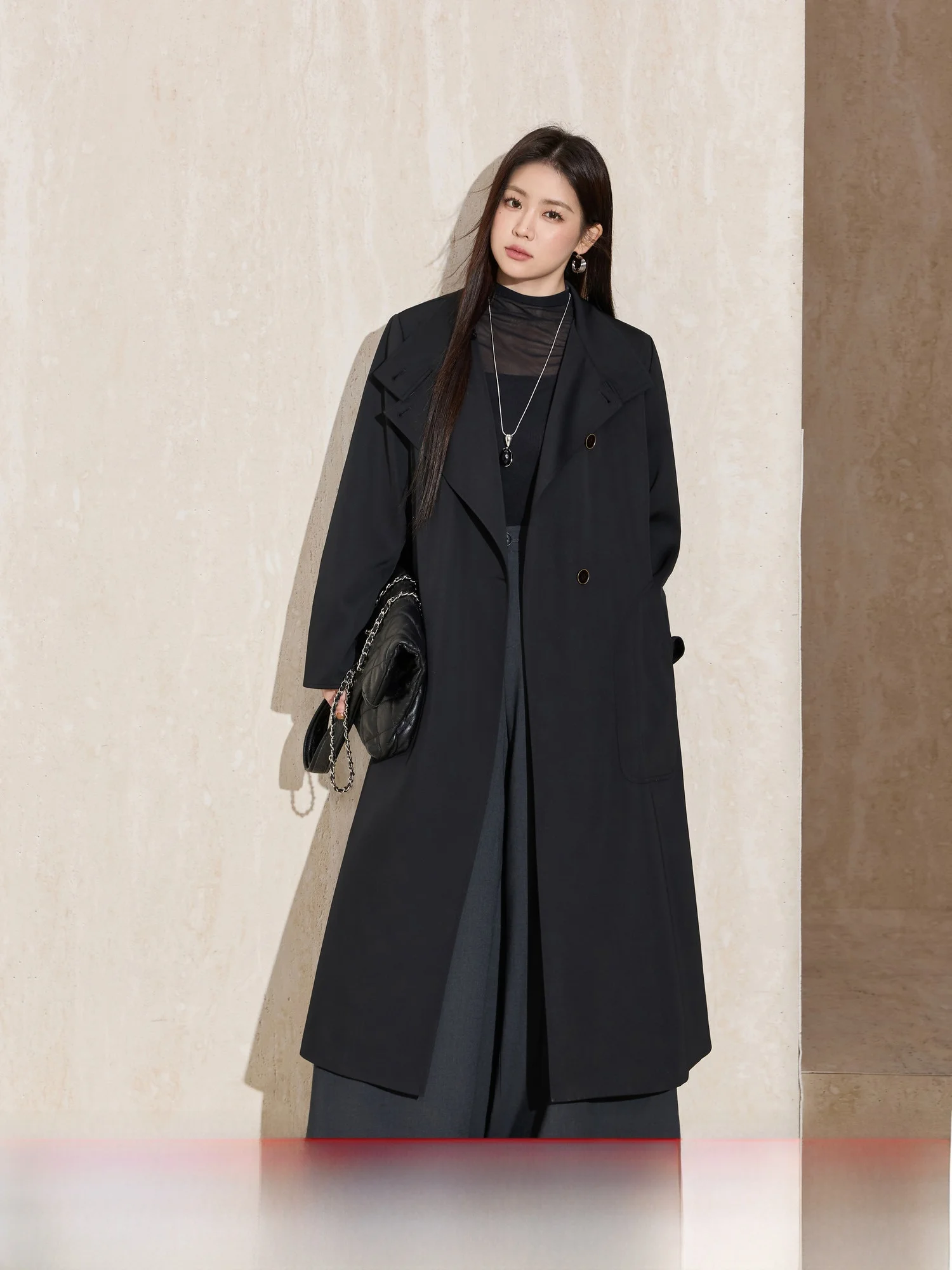 

Classic Blue Language Large Size Women's Long Coat with Belt Flip Collar Trench Coat Spring New Sle Simple Commute Sle