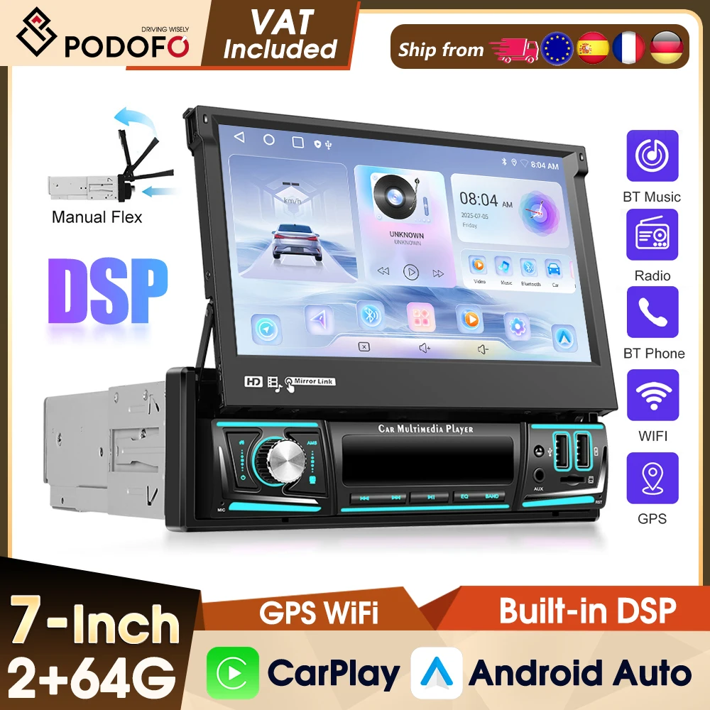 Système intelligent de voiture Podofo 2+64G 1 Din, Carplay sans fil, Android Auto, lecteur multimédia de voiture 7'', prise en charge du WiFi, GPS, caméra arrière