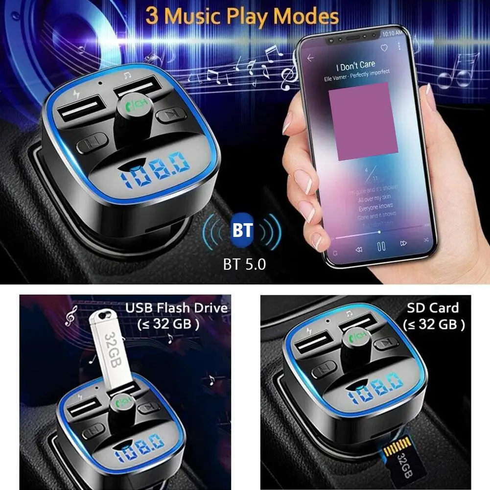 Bluetooth 5.0 Dual USB Port Charging Hands-free Calling Blue LED Light Fast Charging FM Transmitter Car Adapter Car Accessories