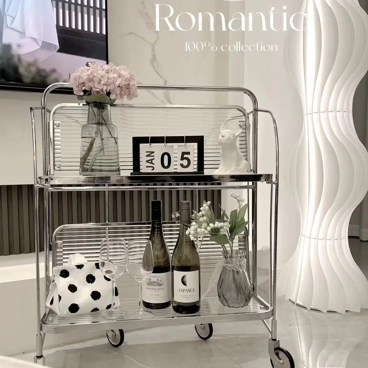 

Medieval Style Cart Movable Folding Wine Cart Transparent Glass Storage Trolley Wheel Kitchen Sofa Side Table