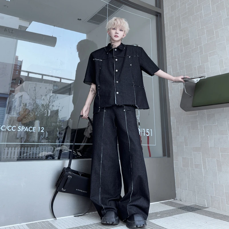 

Summer Faion Men's Denim Jaet ort Sve Open Cardigan with Trousers Patchwork Vintage Brand Casual Wear for Teens