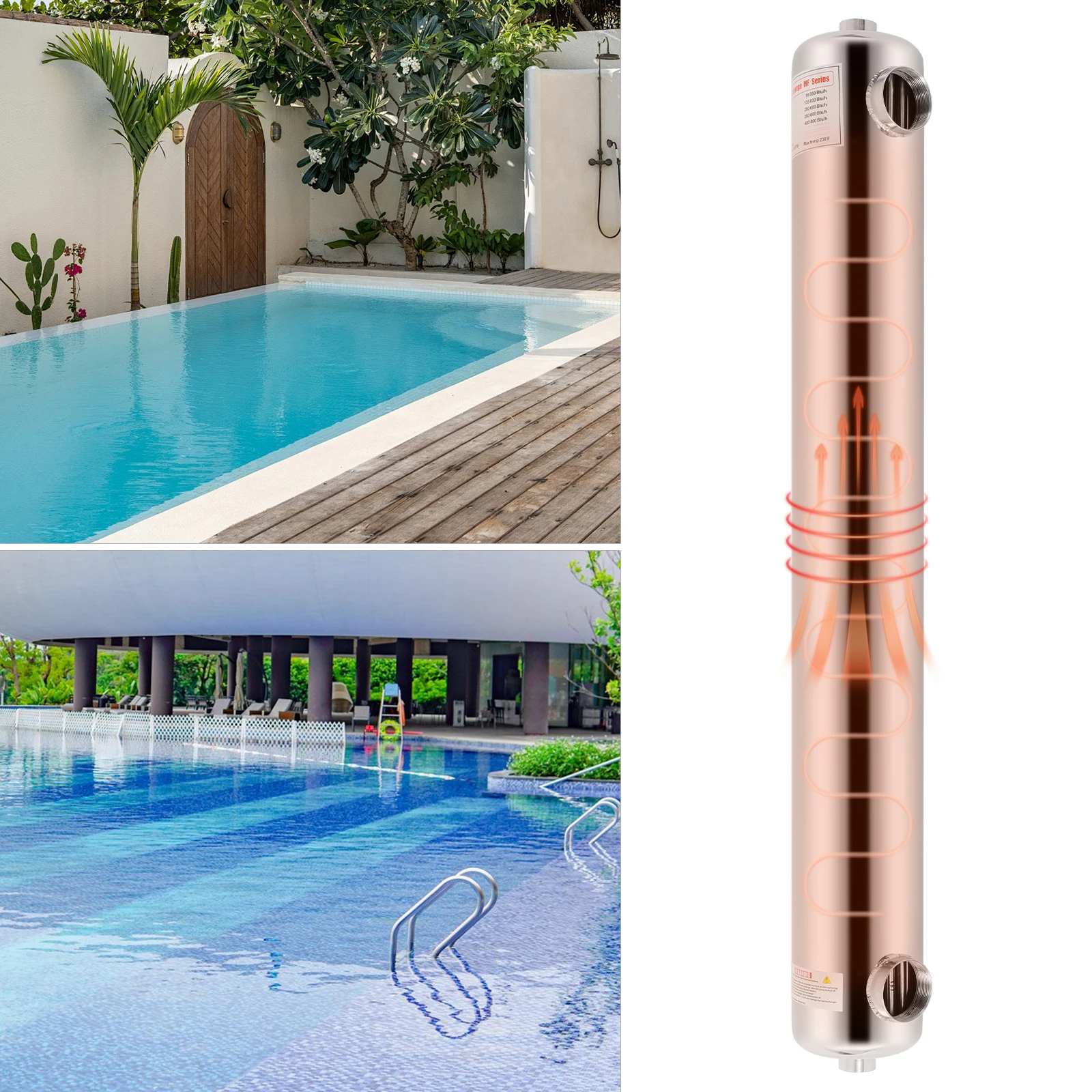 

120KW Swimming Pool Heat Exchanger Immersion Pool Heater Used in Spas Hot Tubs Solar Energy 1"+2" FPT 304 Stainless-Steel 400MF