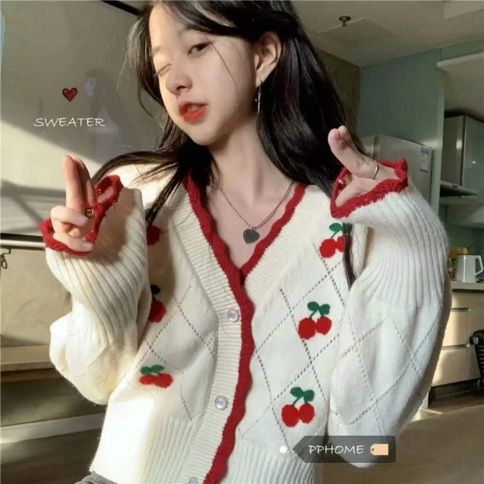 

Fashionable Women V-Neck Long Sleeve Sweater Cardigan Cute Embroidery Knitted Jacket Spring Autumn Casual Loose Loose Tops Coat