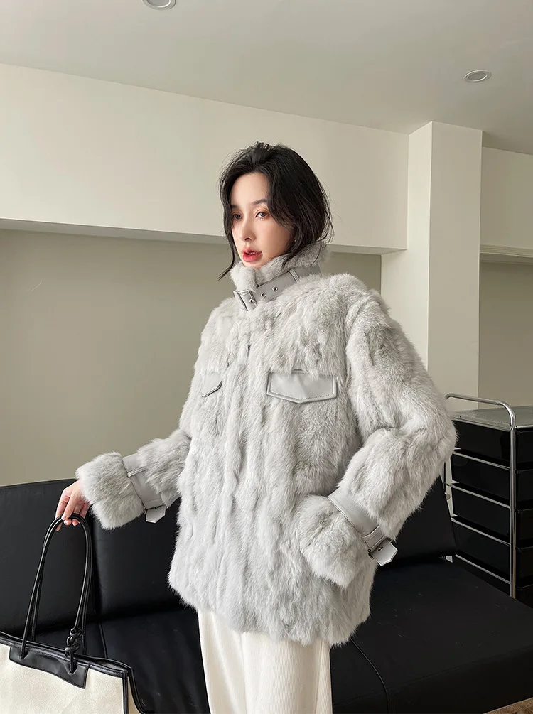 

New Casual biker style design rabbit hair in one medium long coat female