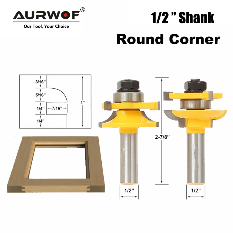 AURWOF 1/2" 12mm Shank Router Bit Set Round Over Rail And Stile Carbide Cutter For Cabinet Door Woodworking MC03137
