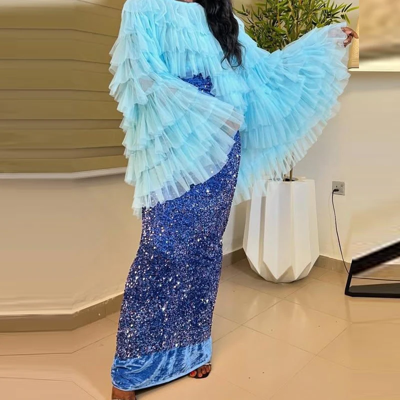 

Светло-голубой топ из тюля с оборками, пышная труба с длинными рукавами, женский топ на заказ любого цвета, женская официальная куртка