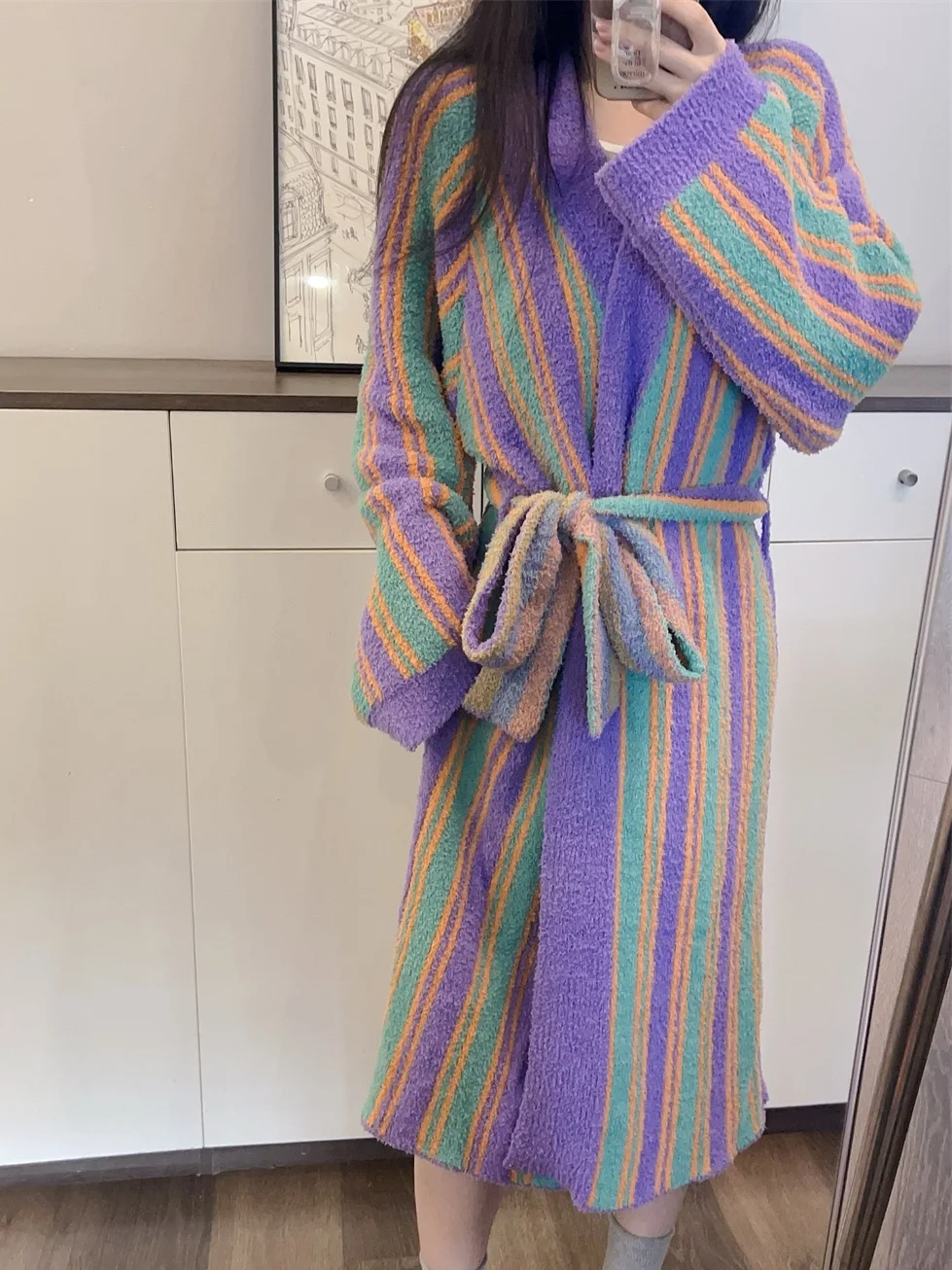Soft Coral Fleece Striped Open Cardigan Belted Long Sleeve Cute Robe Loose Sleepwear Home Clothes for Women Youth All Seasons