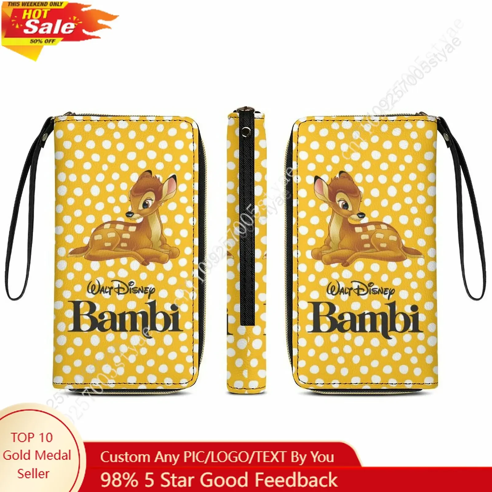 

Bambi Leather Wallet Disney Licensed Customizable Personalized Design Your Pattern Portable Purse Double-sided Printing