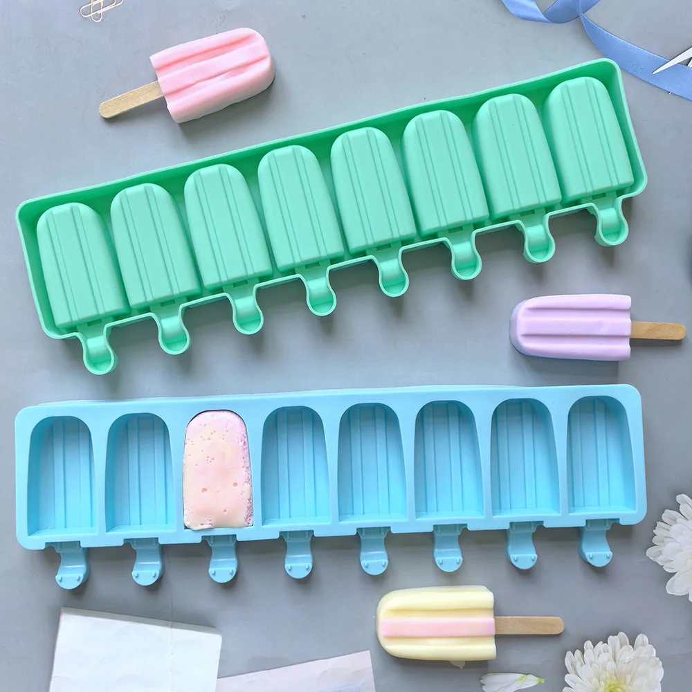 8 Cavities Double Groove Silicone Ice Cream Mold Oval Chocolate Cake Candy Jelly Ice Baking Mould Soap Candle Making Set Gifts