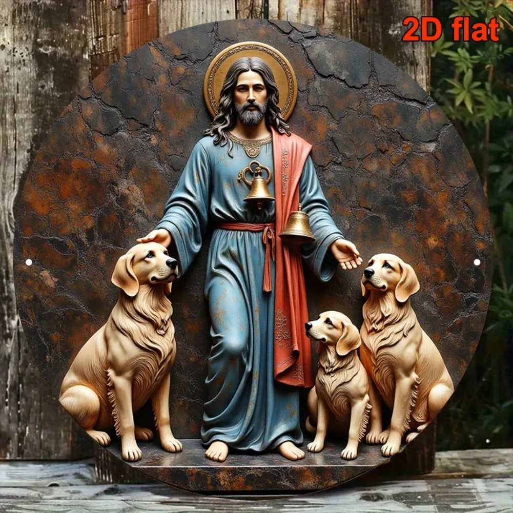 1 plaque murale religieuse Saint Roch avec chien, ronde 8x8 pouces, en aluminium plat 2D, pour décoration murale spirituelle de maison et église, cadeaux
