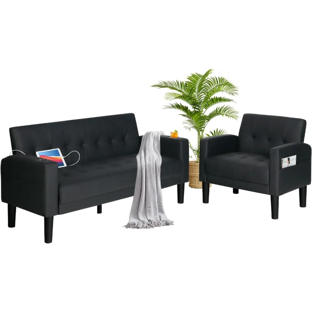 

2 Piece Living Room Sofa Set Loveseat Sofas Sets with 2 USB, Cup Holders, Side Pocket, Modern Leather 2 Pcs Sectional