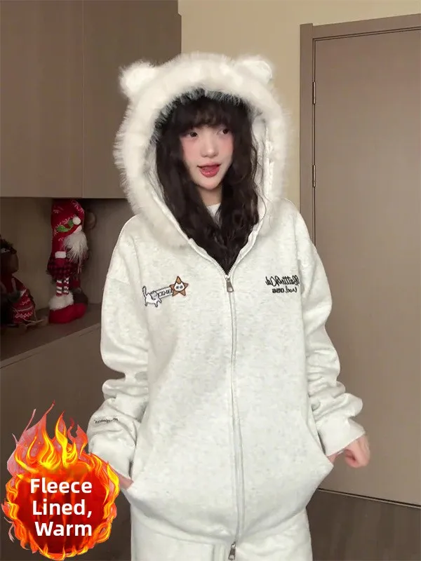 

Cute Ear Hooded Fleece Lined Sweatshirt Jacket Autumn Winter Fashionable School Style Unique Beautiful Top for Girls Stud...