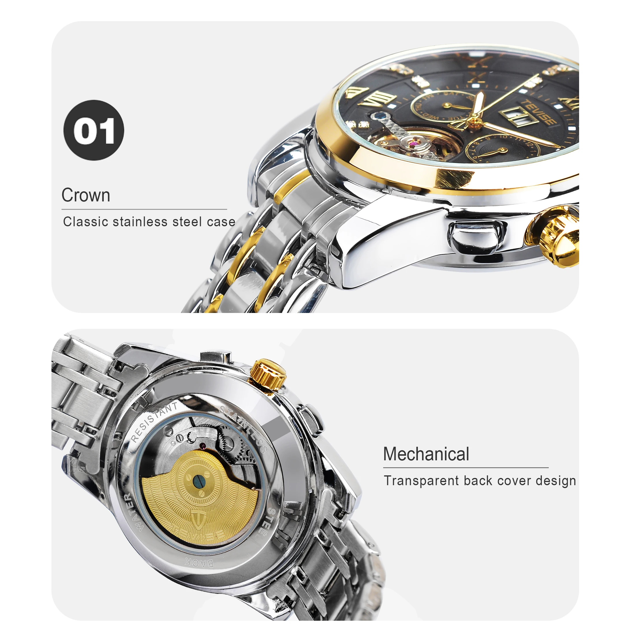 TEVISE Automatic Mechanical Men Watches Top Brand Luxury Diamond Gold Black Fashion Stainless Steel Belt Man Watch Waterproof