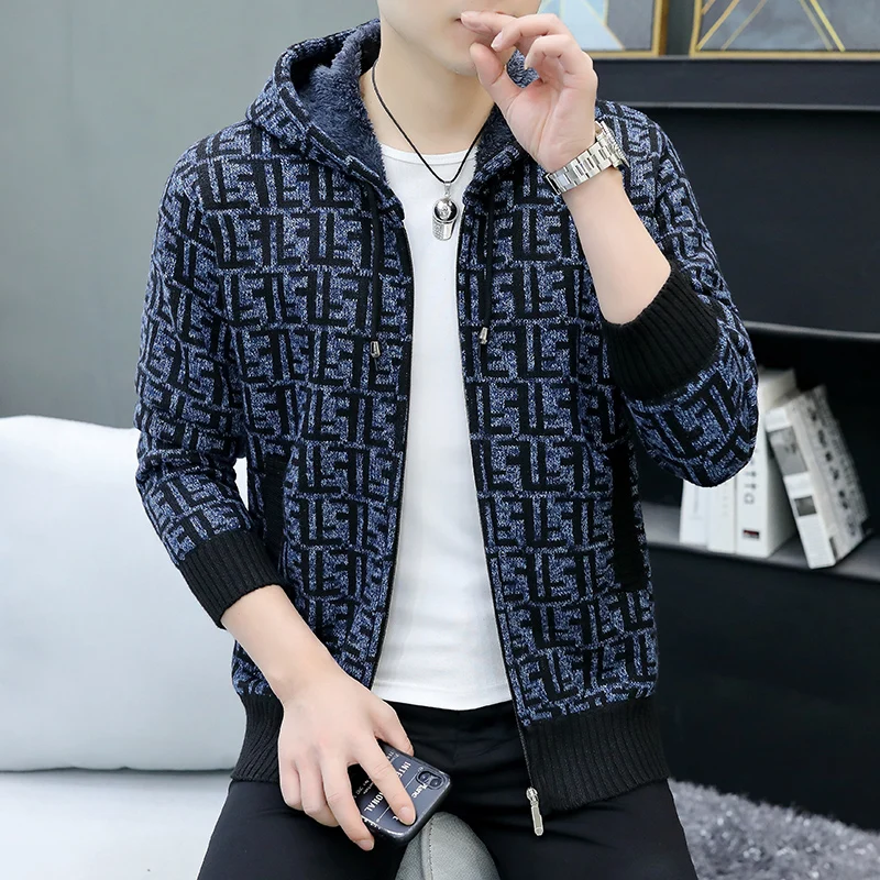 Man Clothes Hooded Letter Coat Knitted Sweaters for Men Jacket Cardigan Thick Winter Japanese Harajuku Fashion Over Fit Knit