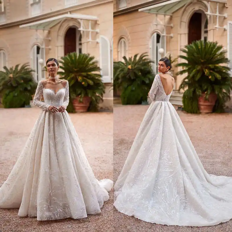 

Изысканные свадебные платья с открытой спиной и бисером, с круглым вырезом и длинными рукавами, трапециевидные свадебные платья с блестками, Vestidos De Novia по индивидуальному заказу