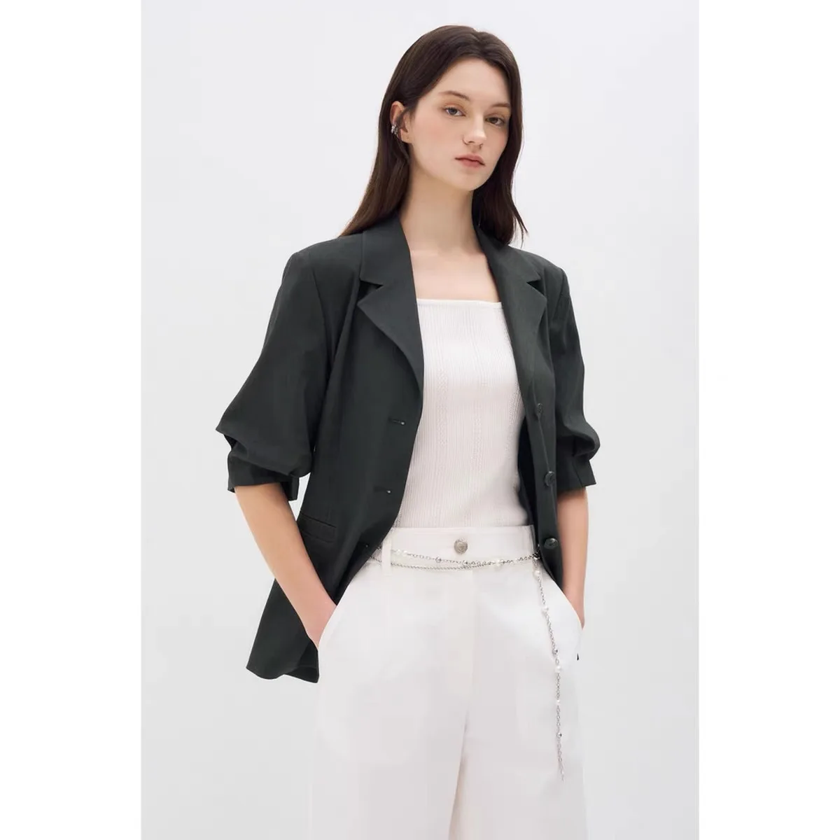 

Lemon Cheese OBZ26 Summer Commute Style Slim Fit Five Sleeve Suit Jacket Folded Collar Pleated Elegant Fashion Women's Coat