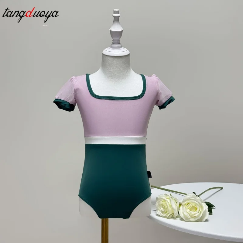 

Балетный купальник для детей и женщин, высококачественная одежда для занятий балетом, с коротким рукавом, комбинированная расцветка, для танцевальных команд и гимнастики