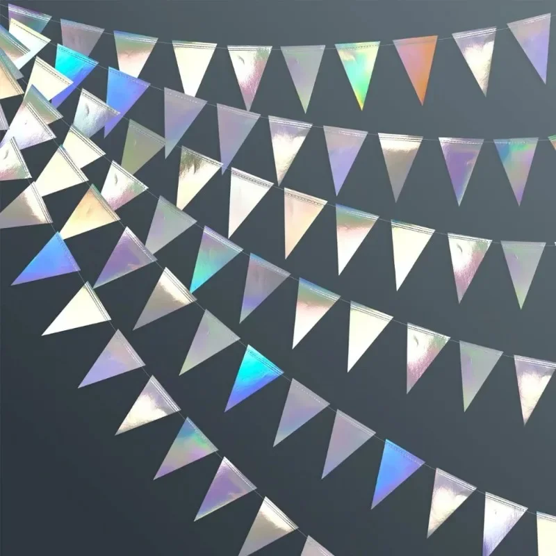 12M 3M schillernde holografische hängende Dreieck-Wimpel-Banner-Flaggen-Girlande für Abschlussfeier, Geburtstag, Hochzeit, Party-Dekoration – Detail 1