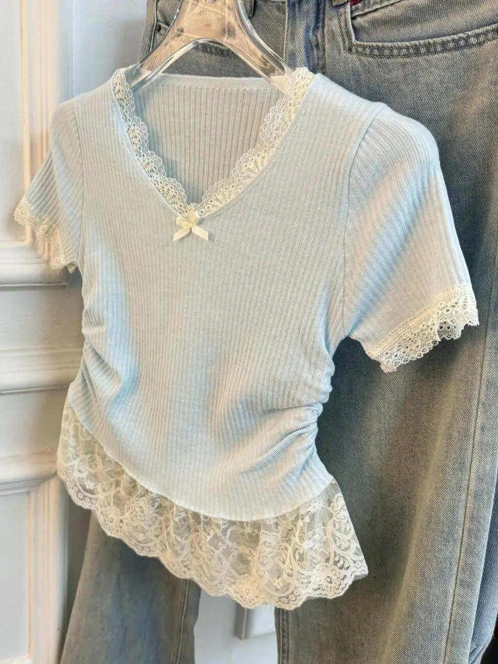 Women's Light Blue Lace Patchwork V-neck T-shirt Y2K Gyaru T-shirt Short Sleeve Knit Tee Top Casual Sweet T-shirt Summer 2026