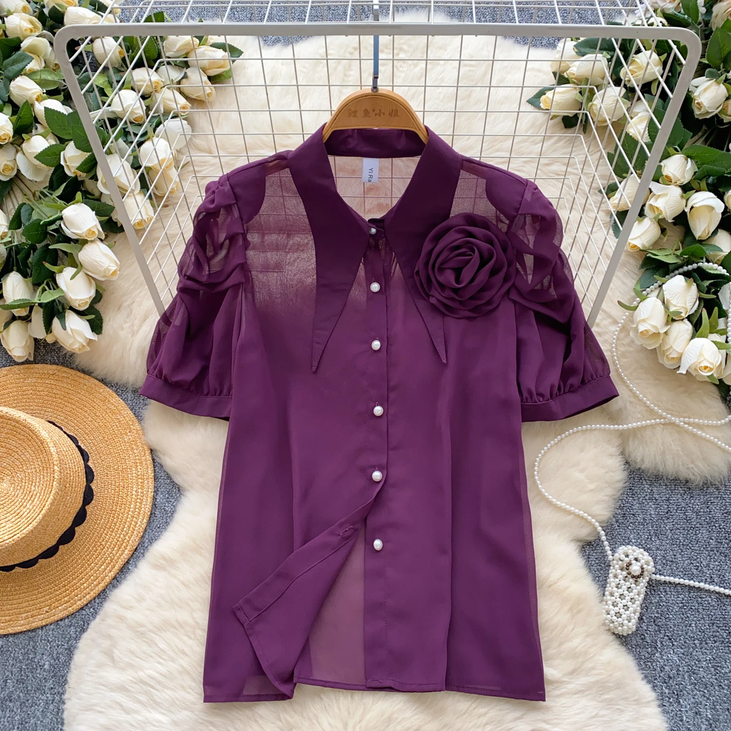 

Women Chic puff sleeve chiffon button Slim Sexy Korean T-shirt Fashion Summer Women Shirt