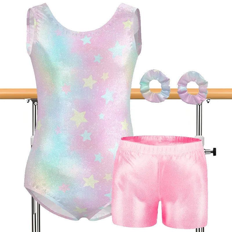 Niñas 4 piezas Leotardos de gimnasia Atlético Biketard Unitard Tumbling Activewear Trajes para niños
