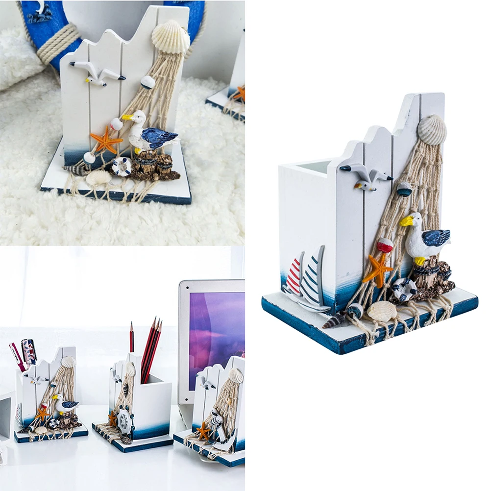 

1pc Wooden Holder Tubular Design For Home Desk Office Premium Wood Stationery Storage Container Seabird Decorative Desktop
