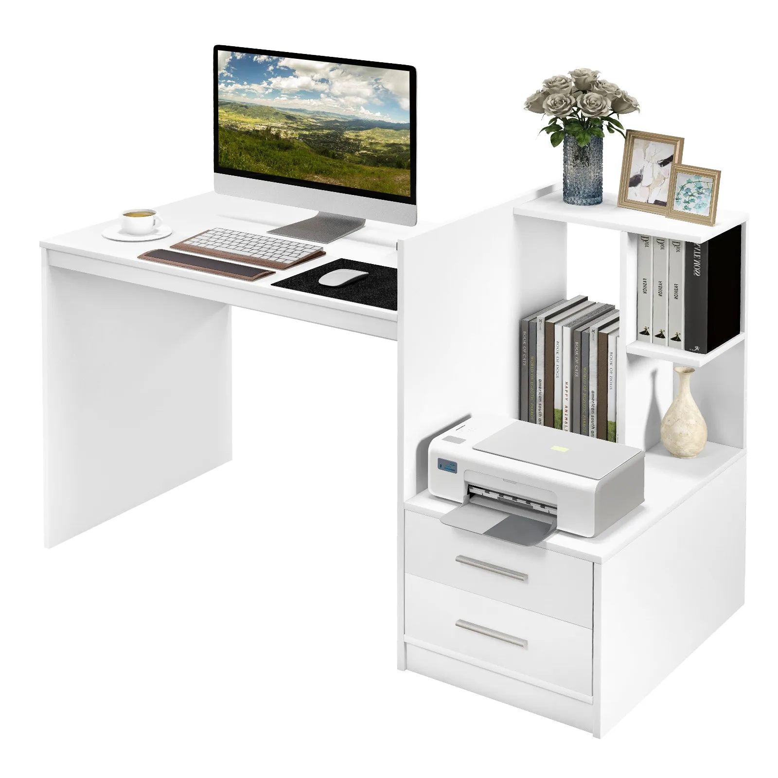 

Computer Desk Laptop Table Writing Study Desk Home Office w/ Bookshelf & Drawers
