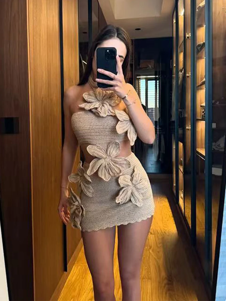 3D Flower Knitted Mini Dress for Women Sleeveless Hollow Out Halter Off Shoulder Backless Dresses Lady Summer Holiday Slim Vesti