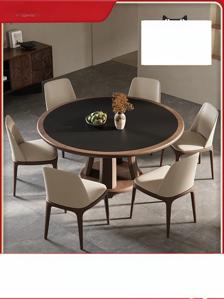 

New Chinese rock slab dining table and chair combination medium and ancient style round table with turntable small apartment hou